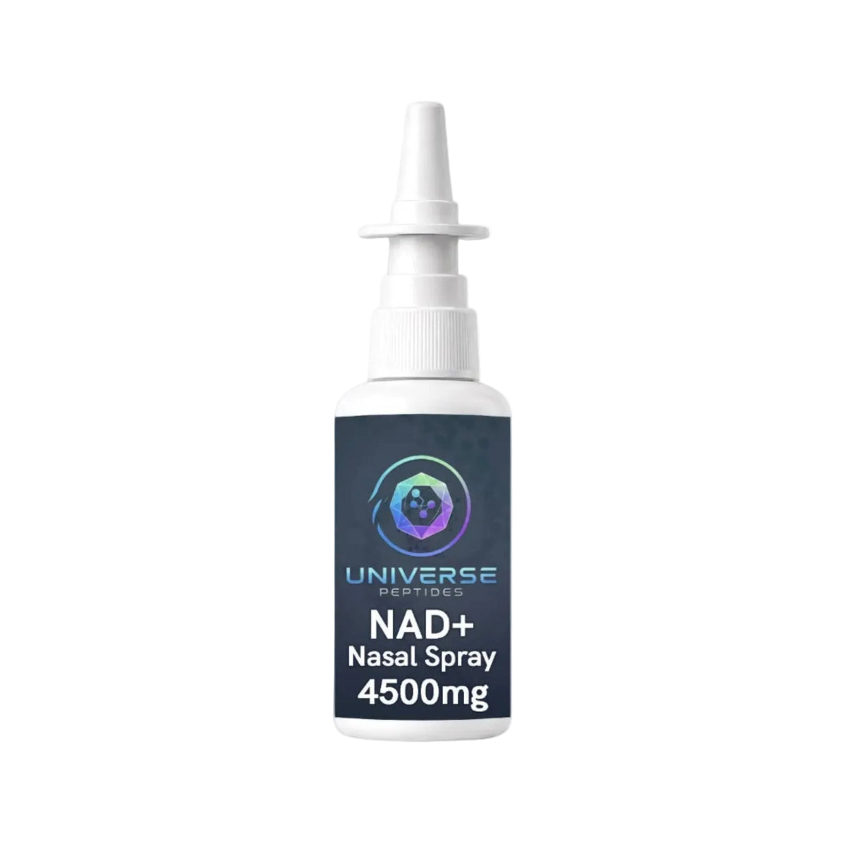 A white plastic bottle of Universe Peptides NAD+ Nasal Spray 4500mg, featuring a dark navy blue label with a colorful circular logo and white text, set against a plain white background.