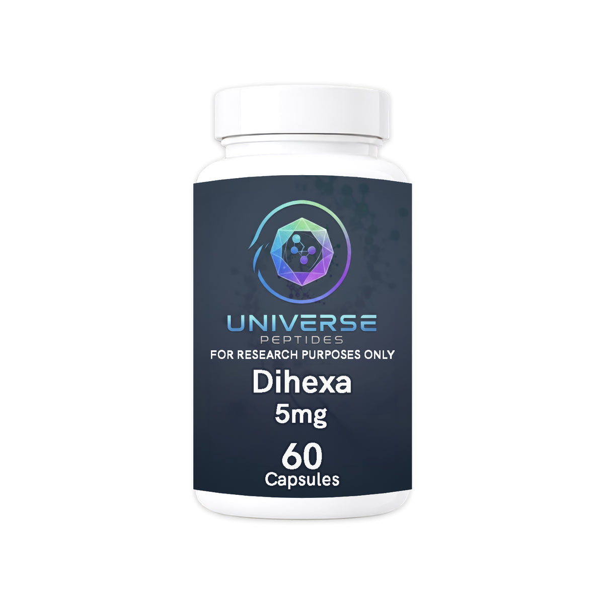 Universe Peptides Dihexa, 60 capsule bottle, for research purposes only.