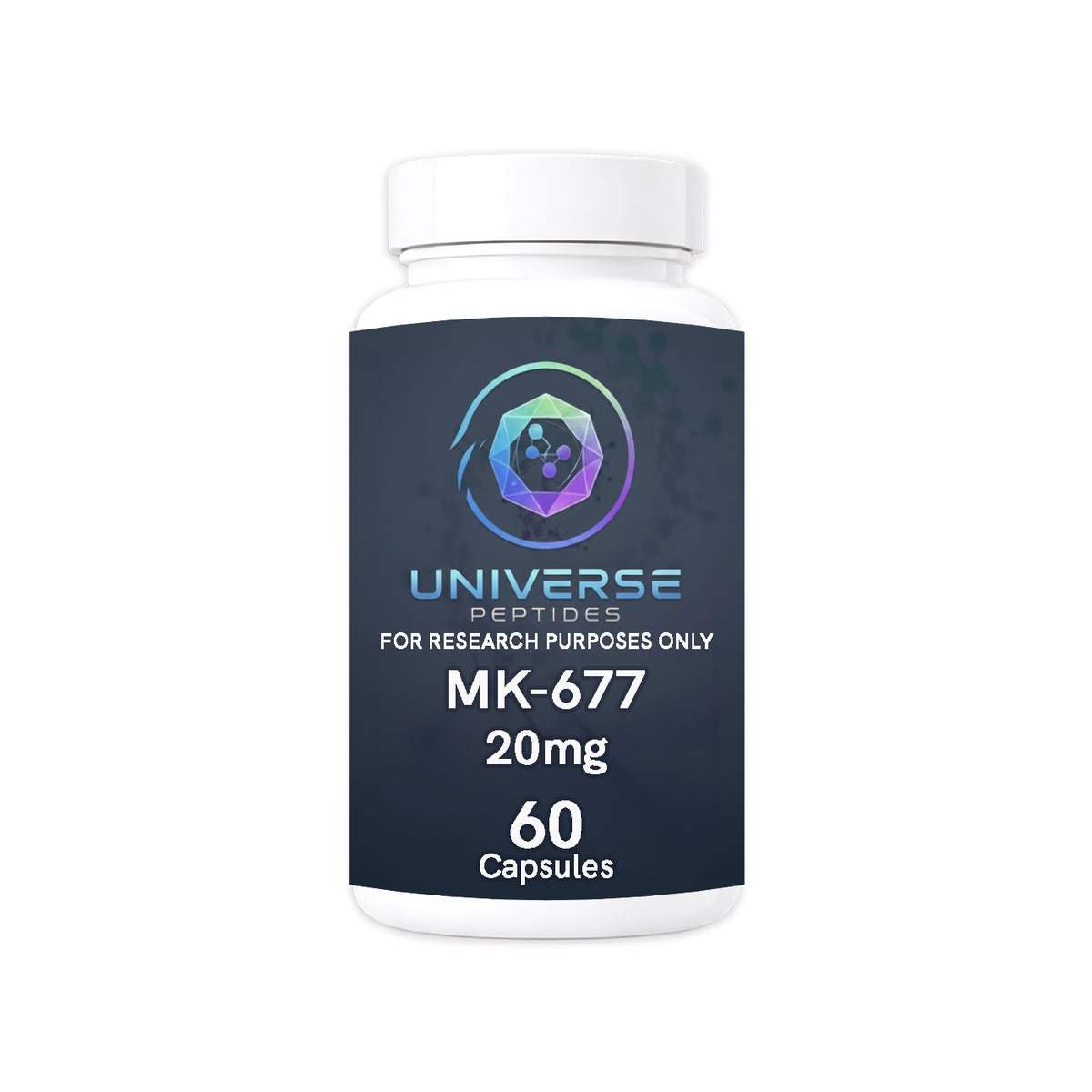 Universe Peptides MK-677, 60 capsule bottle, for research purposes only.