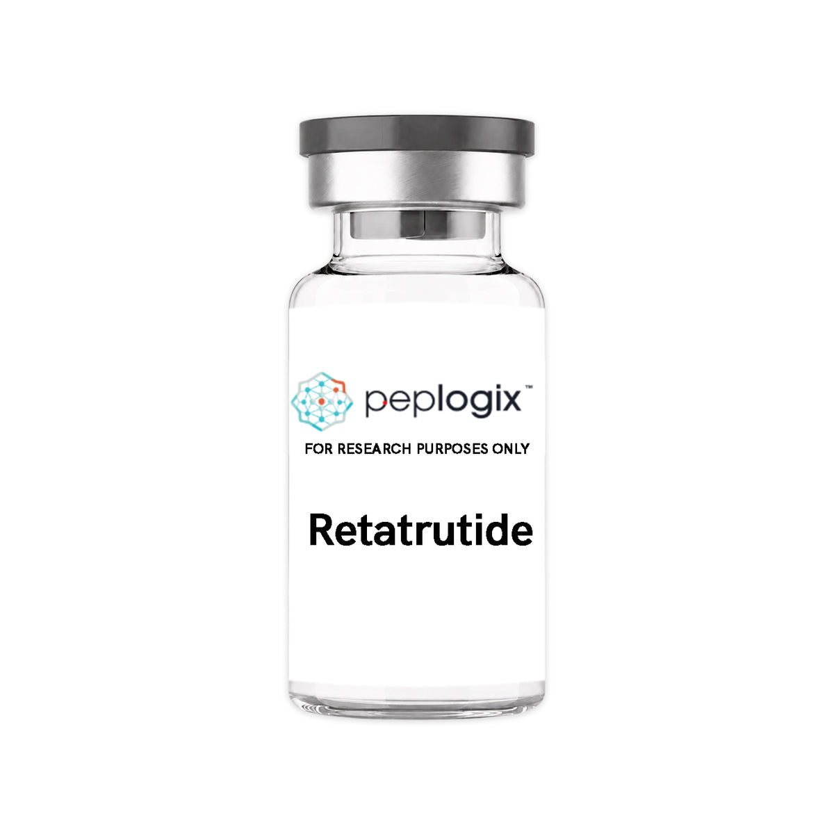 Peplogix Retatrutide lyophilized vial, for research purposes only.