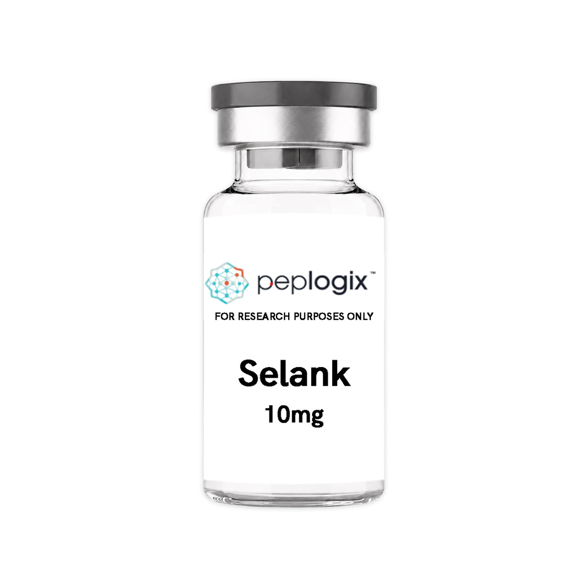 Peplogix Selank lyophilized vial, for research purposes only.