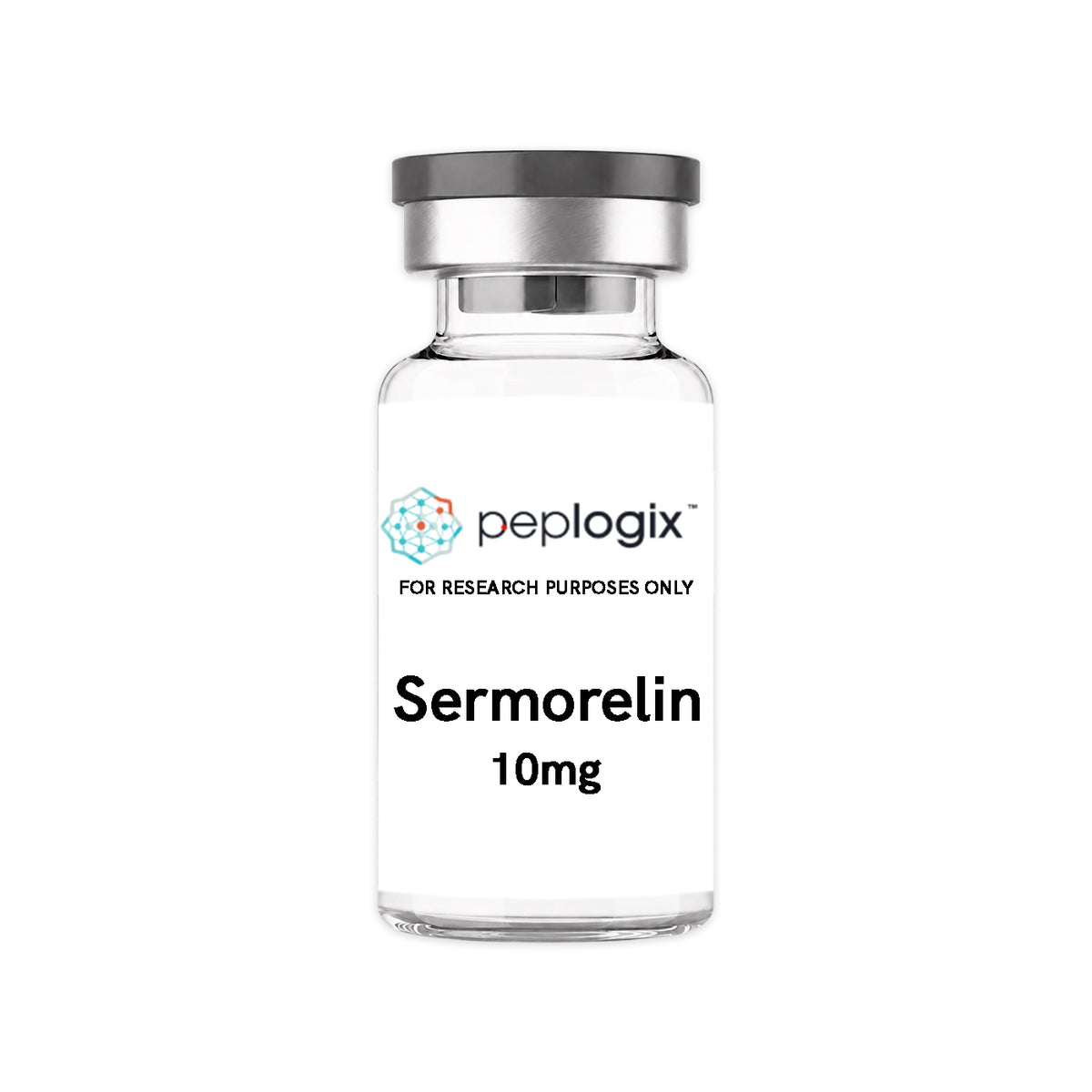 Peplogix Sermorelin lyophilized vial, for research purposes only.
