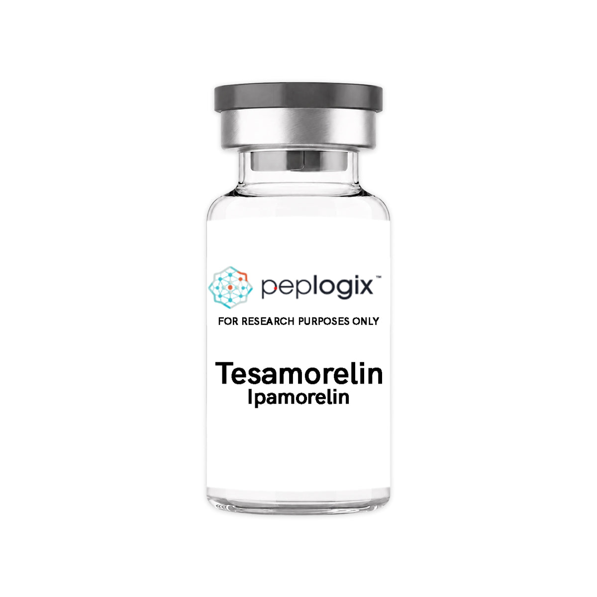 Peplogix Tesamorelin / Ipamorelin lyophilized vial, for research purposes only.