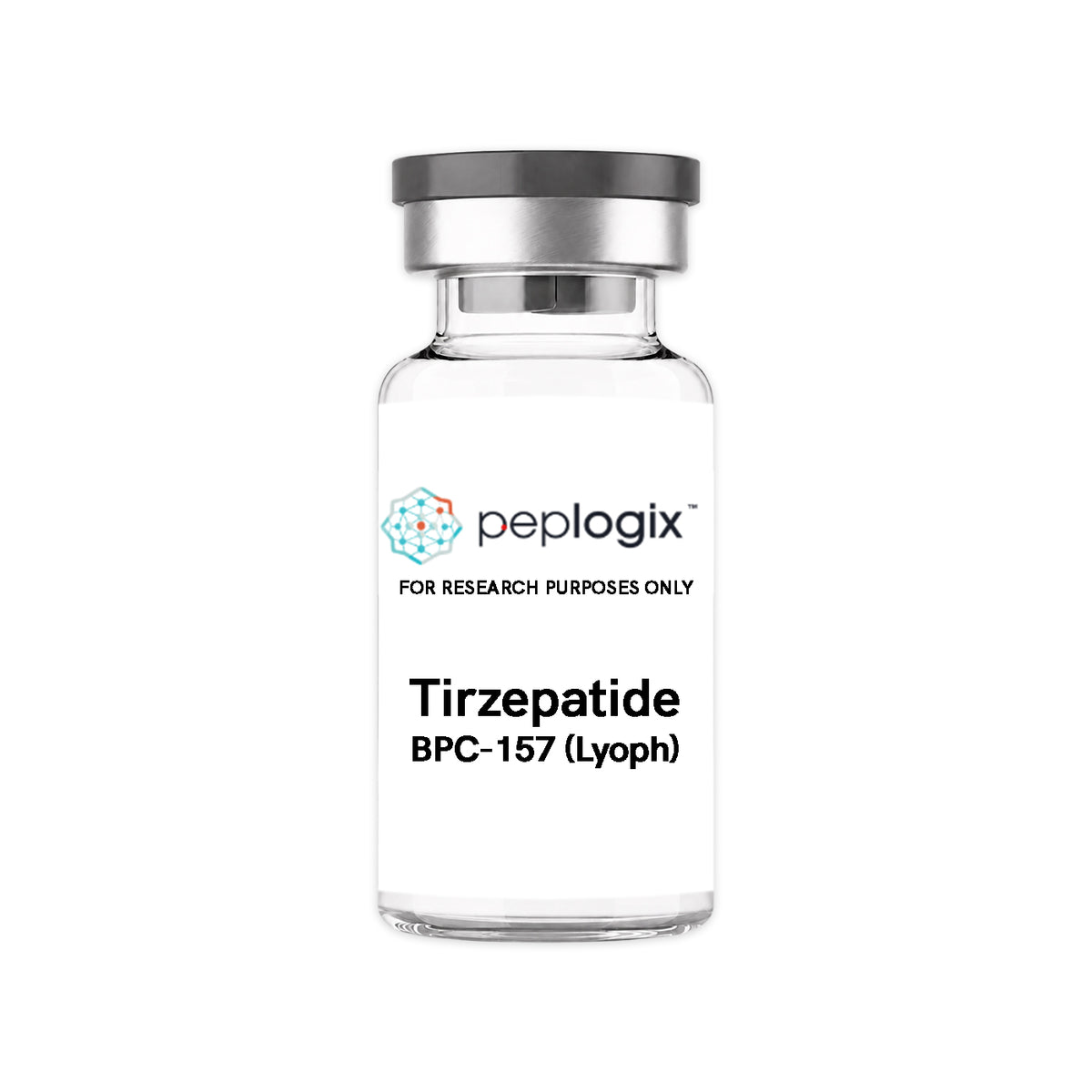 Peplogix Tirzepatide / BPC-157 lyophilized vial, for research purposes only.